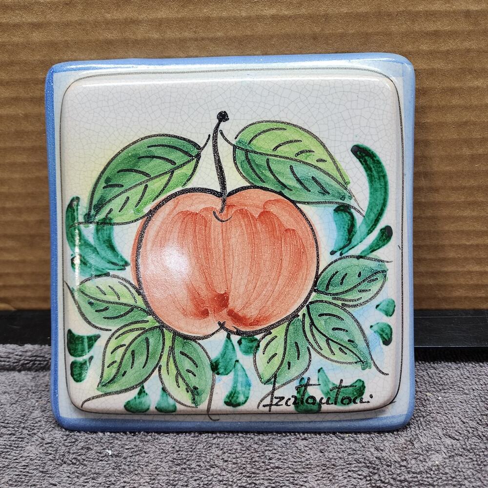 Vintage Fratantoni Terracotta hand Painted apple tile trivet wall hanging L